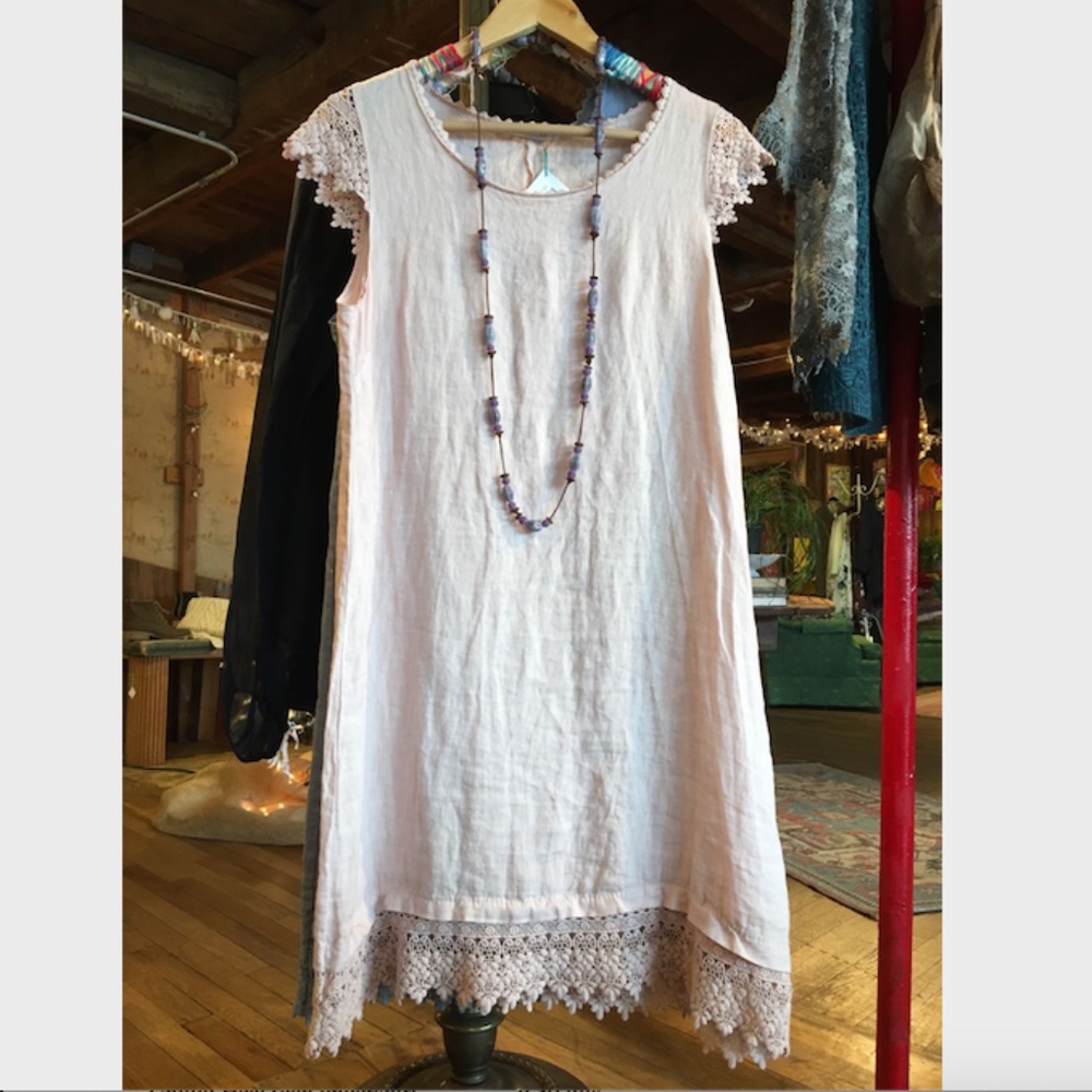 Pale Pink Linen Dress w/crocheted details.